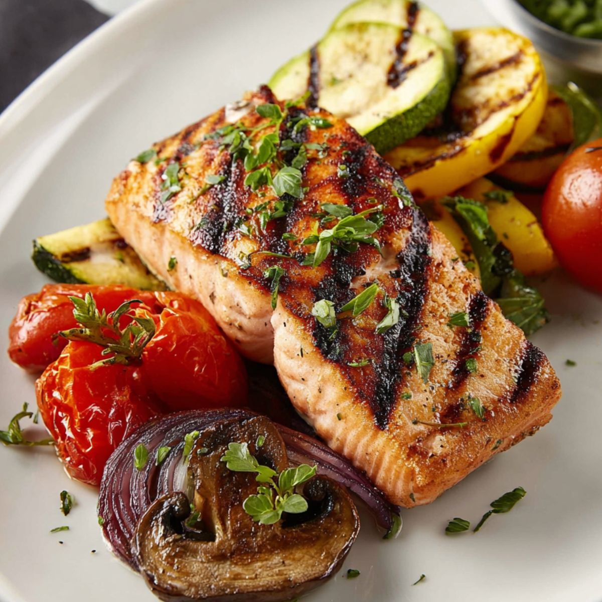 Delicious Grilled Salmon Recipe 9 A beautifully plated grilled salmon fillet served with grilled vegetables like zucchini, tomatoes, and mushrooms, garnished with fresh herbs
