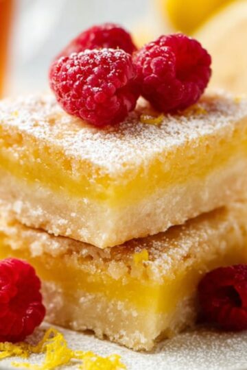 Delicious Lemon Bars Recipe 1 Lemon Bars A plate of lemon bars stacked on top of each other, topped with fresh raspberries and a sprinkle of powdered sugar, with lemon zest and a cup of tea in the background.