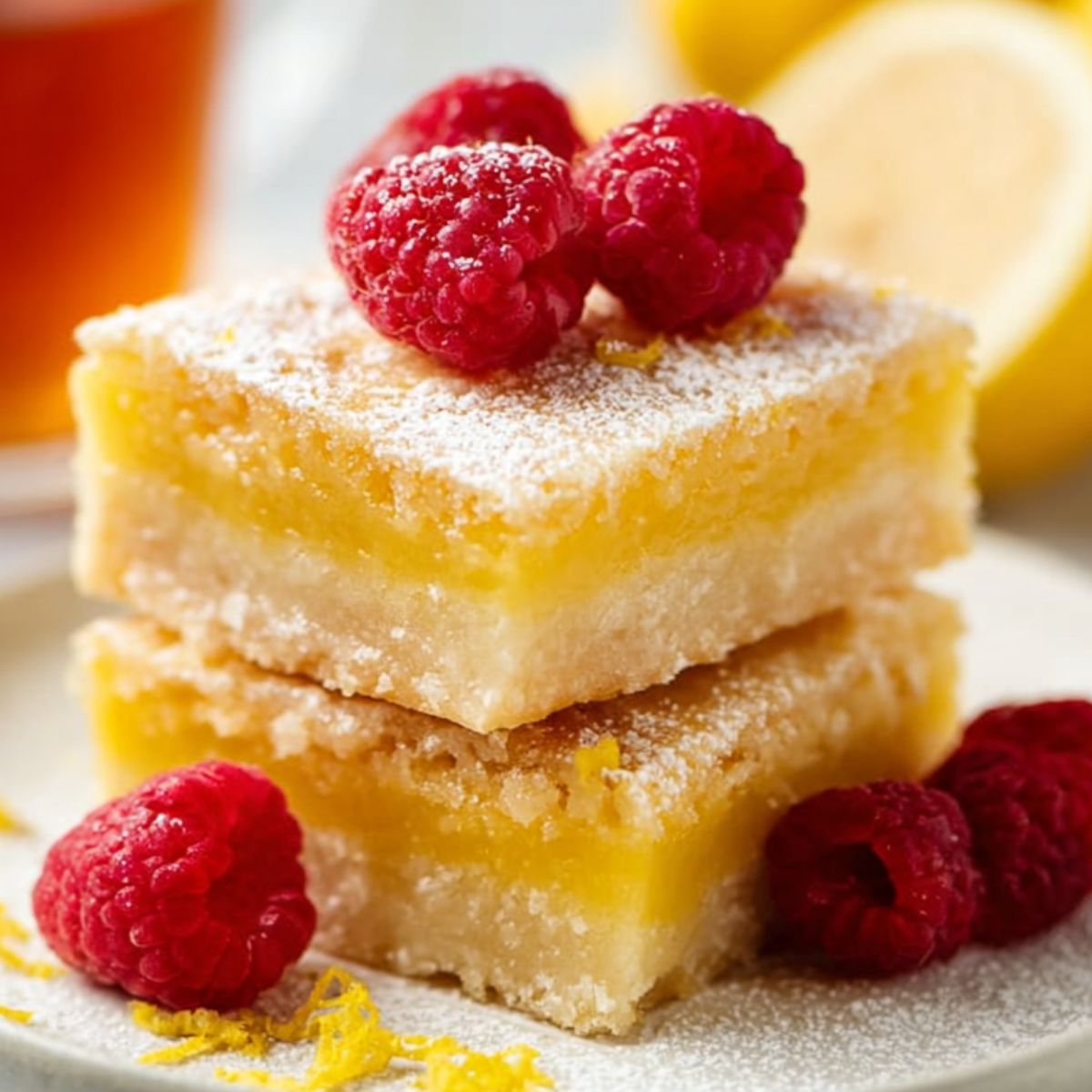 Delicious Lemon Bars Recipe 9 Lemon Bars A plate of lemon bars stacked on top of each other, topped with fresh raspberries and a sprinkle of powdered sugar, with lemon zest and a cup of tea in the background.