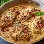 Marry Me Chicken A creamy skillet chicken dish with sun-dried tomatoes, garlic, and fresh herbs, simmering in a rich sauce, perfect for a romantic dinner. The golden-brown chicken breasts are coated with a creamy sauce, garnished with fresh basil and Parmesan, ready to be served. It’s a dish so flavorful, it’s sure to impress anyone.