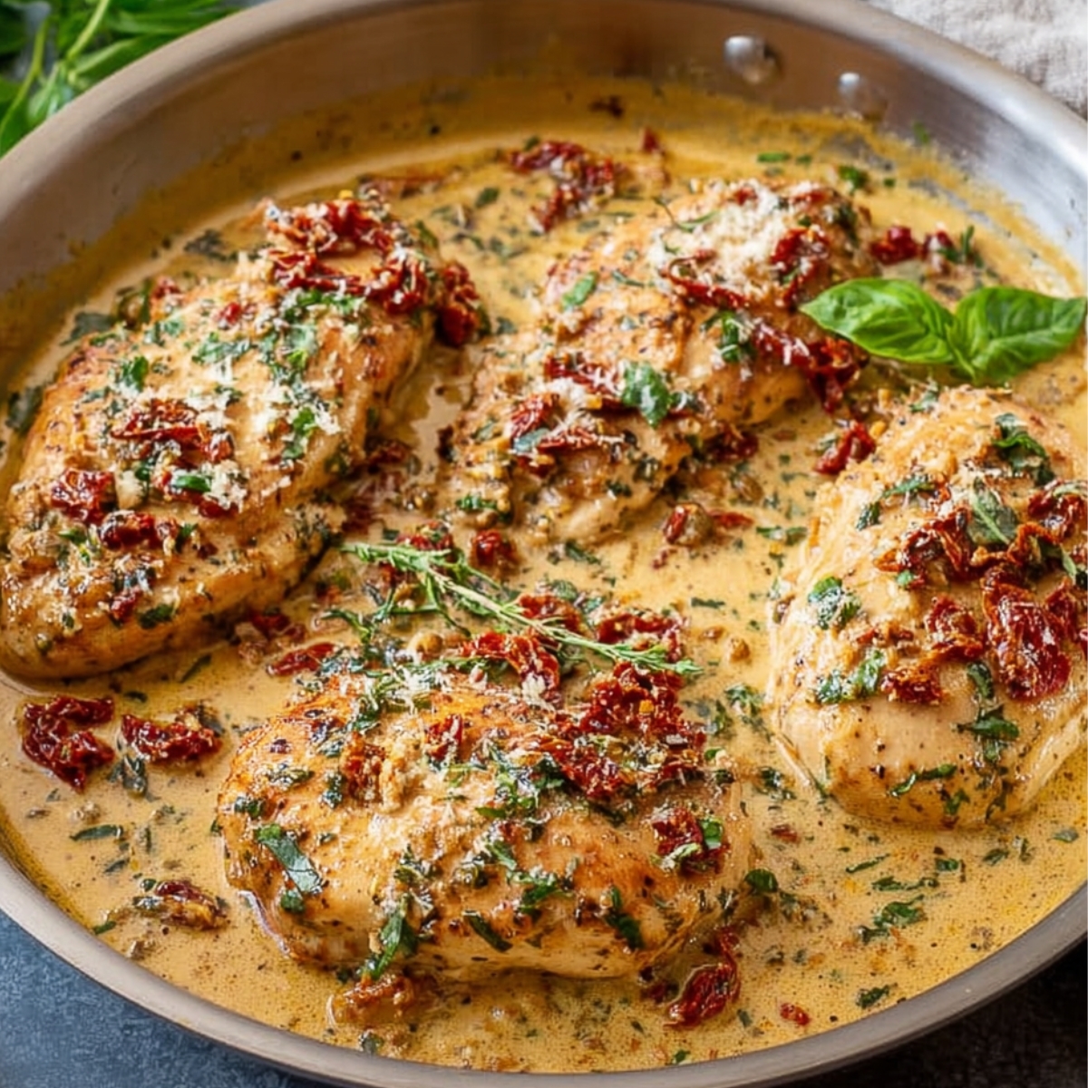 Marry Me Chicken A creamy skillet chicken dish with sun-dried tomatoes, garlic, and fresh herbs, simmering in a rich sauce, perfect for a romantic dinner. The golden-brown chicken breasts are coated with a creamy sauce, garnished with fresh basil and Parmesan, ready to be served. It&rsquo;s a dish so flavorful, it&rsquo;s sure to impress anyone.