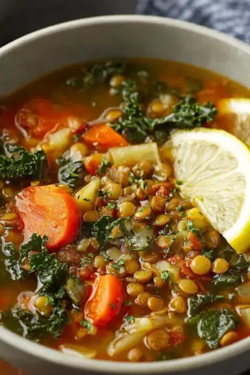 Easy Mediterranean Lentil Soup Recipe 1 Mediterranean Lentil Soup A warm bowl of Mediterranean Lentil Soup with a garnish of fresh lemon and a medley of vegetables like carrots, celery, and kale, offering a perfect balance of comfort and nutrition.