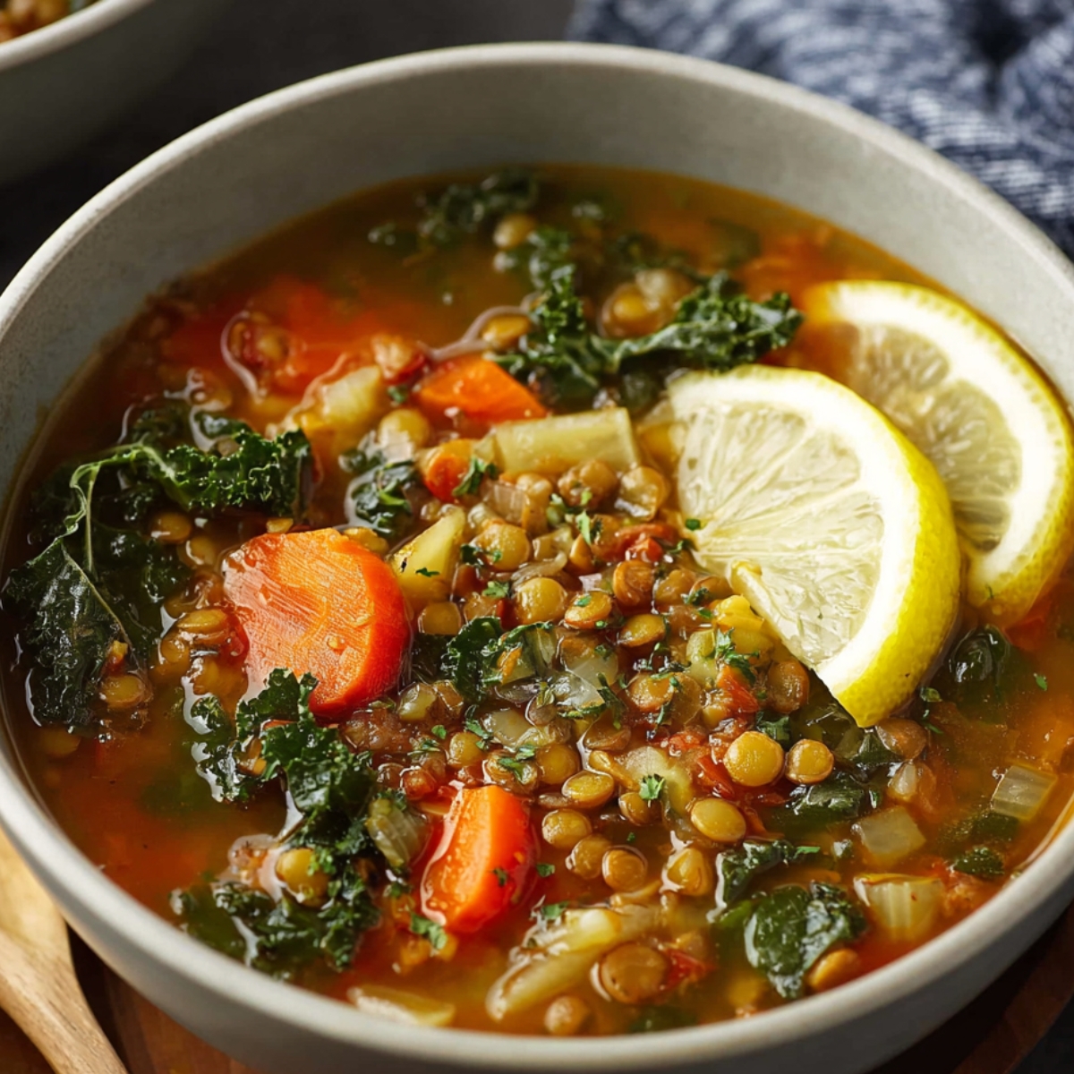Mediterranean Lentil Soup A warm bowl of Mediterranean Lentil Soup with a garnish of fresh lemon and a medley of vegetables like carrots, celery, and kale, offering a perfect balance of comfort and nutrition.