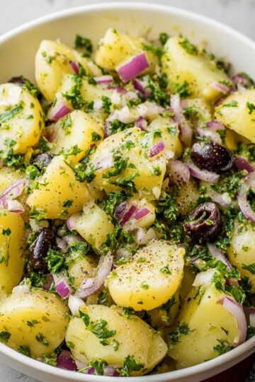 Easy Mediterranean Potato Salad Recipe 4 Mediterranean Potato Salad A bowl of Mediterranean-style potato salad with tender, boiled potatoes, garnished with fresh parsley, red onion, and black olives. The salad is lightly seasoned with pepper, creating a savory and refreshing dish perfect for a summer meal.