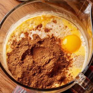 A bowl of dry ingredients for pumpkin muffins, including flour, baking powder, cinnamon, and other spices, mixed together.