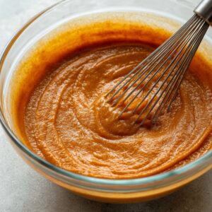 A bowl containing mixed wet ingredients for pumpkin muffins, including pumpkin puree, eggs, and oil, ready to be added to dry ingredients.