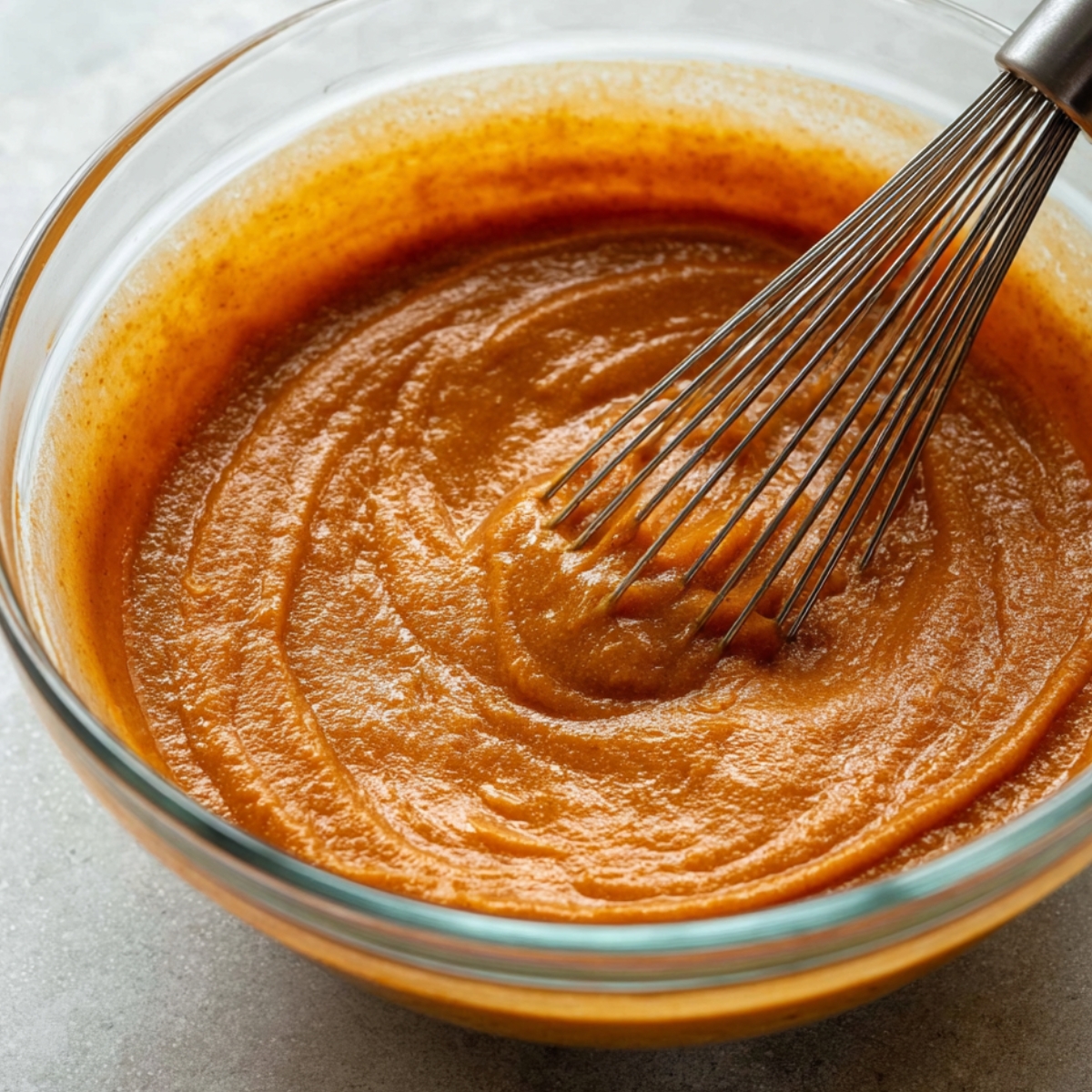 Best Pumpkin Muffins Recipe 12 A bowl containing mixed wet ingredients for pumpkin muffins, including pumpkin puree, eggs, and oil, ready to be added to dry ingredients.