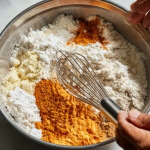 Ingredients for pumpkin muffins placed separately in bowls before being mixed, including flour, sugar, and pumpkin puree.
