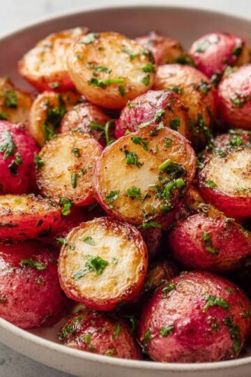 Easy Roasted Radishes Recipe 2 Roasted Radishes A close-up shot of roasted radishes in a bowl, garnished with fresh parsley. The radishes have a golden-brown, crispy texture, making them look delicious and ready to serve.