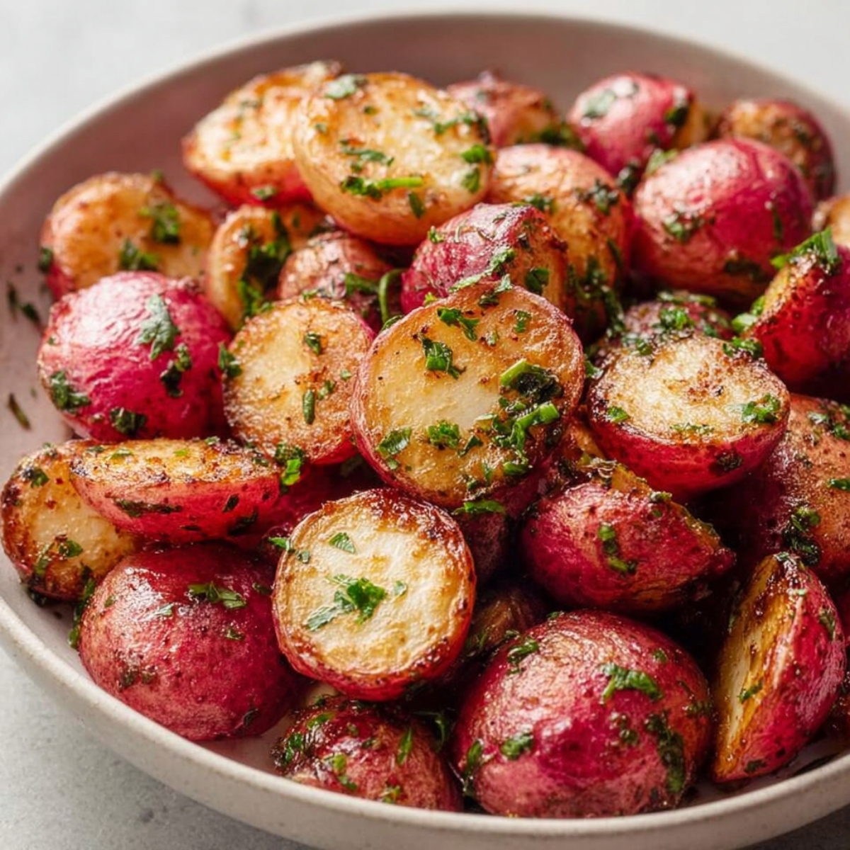 Easy Roasted Radishes Recipe 9 Roasted Radishes A close-up shot of roasted radishes in a bowl, garnished with fresh parsley. The radishes have a golden-brown, crispy texture, making them look delicious and ready to serve.