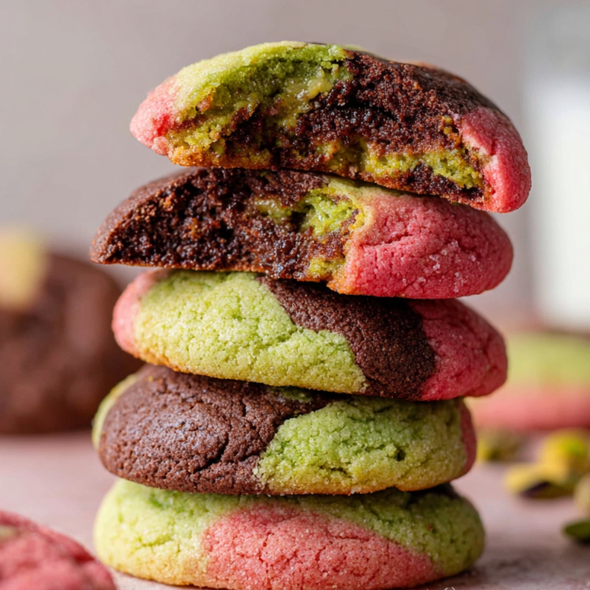Spumoni Cookies A stack of freshly baked spumoni cookies with vibrant colors of green pistachio, red cherry, and dark chocolate. The cookies are dusted with sugar and one is broken in half, revealing the interior filled with the marbled dough.