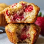 Strawberry Muffins Close-up shot of a delicious strawberry muffin cut in half to reveal the soft, moist interior filled with chunks of fresh strawberries. The golden-brown exterior contrasts with the red fruit inside, showcasing a perfect homemade muffin.
