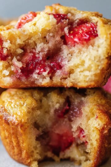 Healthy Strawberry Muffins Recipe 1 Strawberry Muffins Close-up shot of a delicious strawberry muffin cut in half to reveal the soft, moist interior filled with chunks of fresh strawberries. The golden-brown exterior contrasts with the red fruit inside, showcasing a perfect homemade muffin.