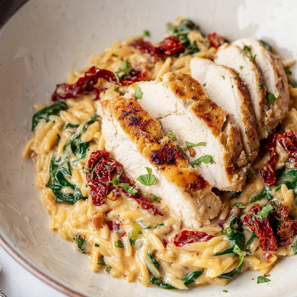 Tuscan Chicken Orzo A close-up of a plate with creamy Tuscan chicken orzo, featuring a sliced chicken breast on top. The dish includes vibrant spinach, sun-dried tomatoes, and a rich, creamy sauce. A fork and herbs add to the elegant presentation