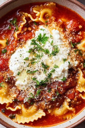 Delicious Vegan Lasagna Soup Recipe 1 Vegan Lasagna Soup A bowl of vegan lasagna soup topped with ricotta, fresh herbs, and sprinkled with parmesan.