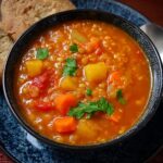 Vegan Red Lentil Stew A bowl of red lentil stew with chunks of carrots and potatoes, garnished with fresh cilantro, and served with a piece of bread on the side.