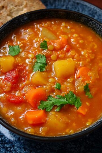 Vegan Red Lentil Stew A bowl of red lentil stew with chunks of carrots and potatoes, garnished with fresh cilantro, and served with a piece of bread on the side.