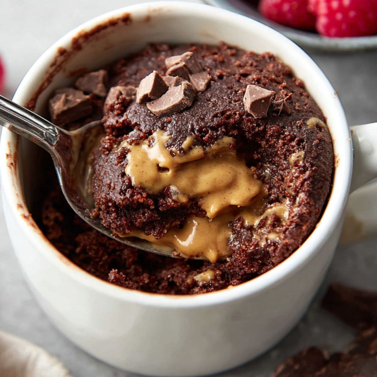 The Best Chocolate Mug Cake Recipe 9 chocolate mug cake A spoonful of soft, fluffy chocolate mug cake with peanut butter in the center, served with fresh raspberries and chocolate chunks on the side