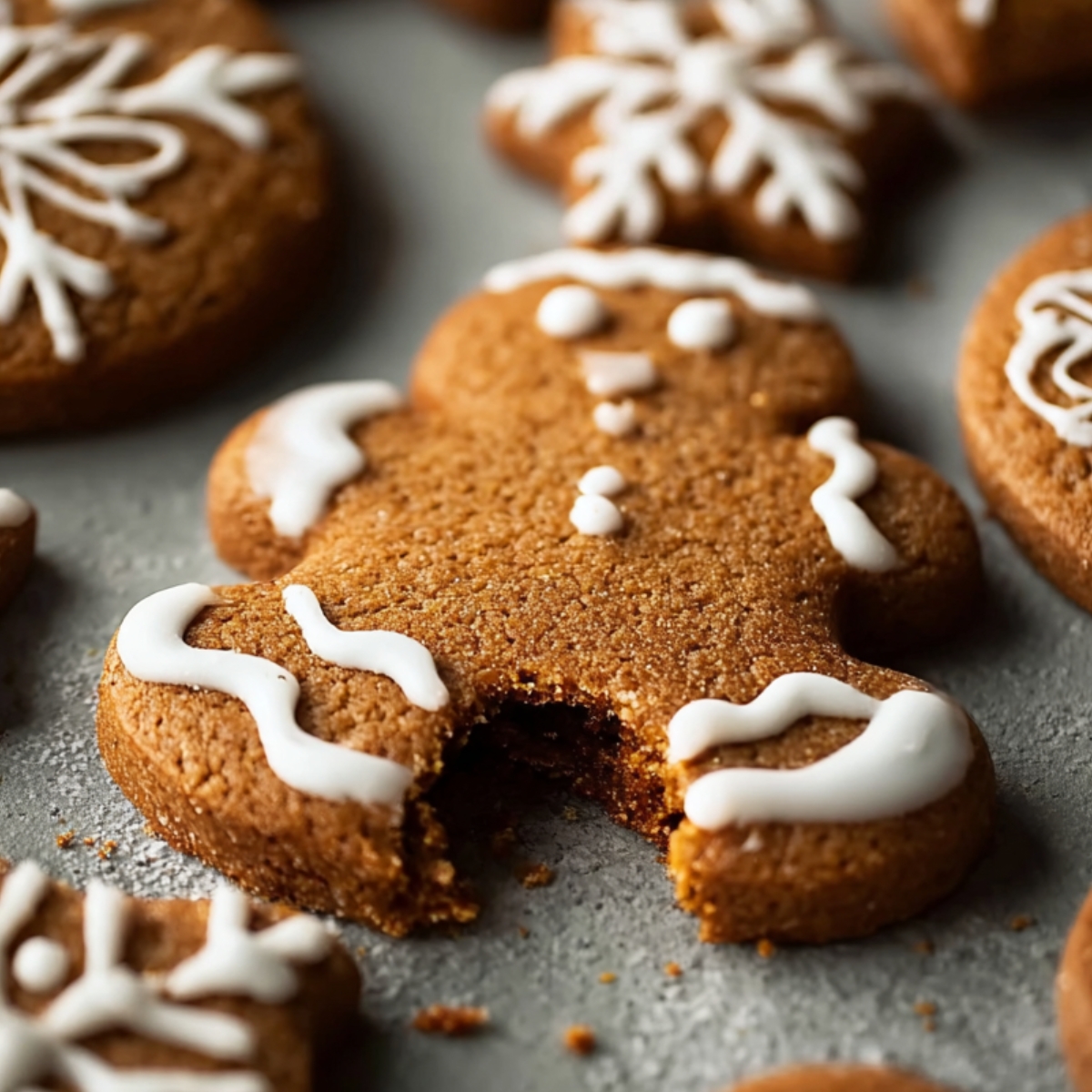 gingerbread cookies A batch of freshly baked gingerbread cookies decorated with white icing, some with a bite taken out, showing a soft, spiced interior.