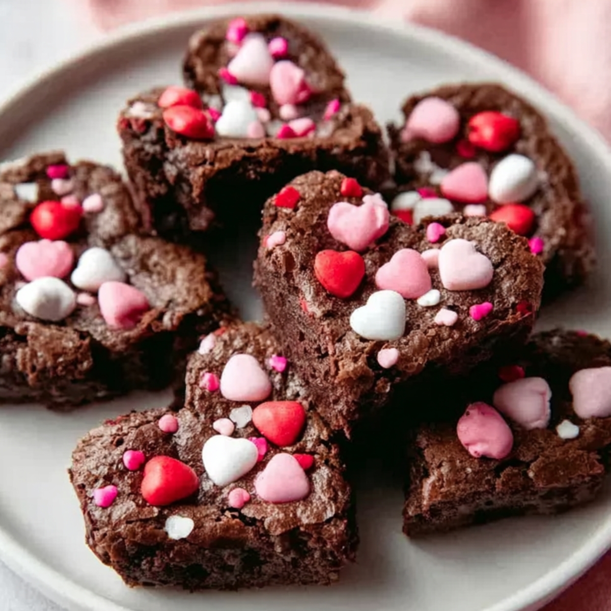 heart shaped brownies A plate of heart-shaped brownies decorated with pink, white, and red candy-coated chocolate pieces, arranged neatly for a festive display.