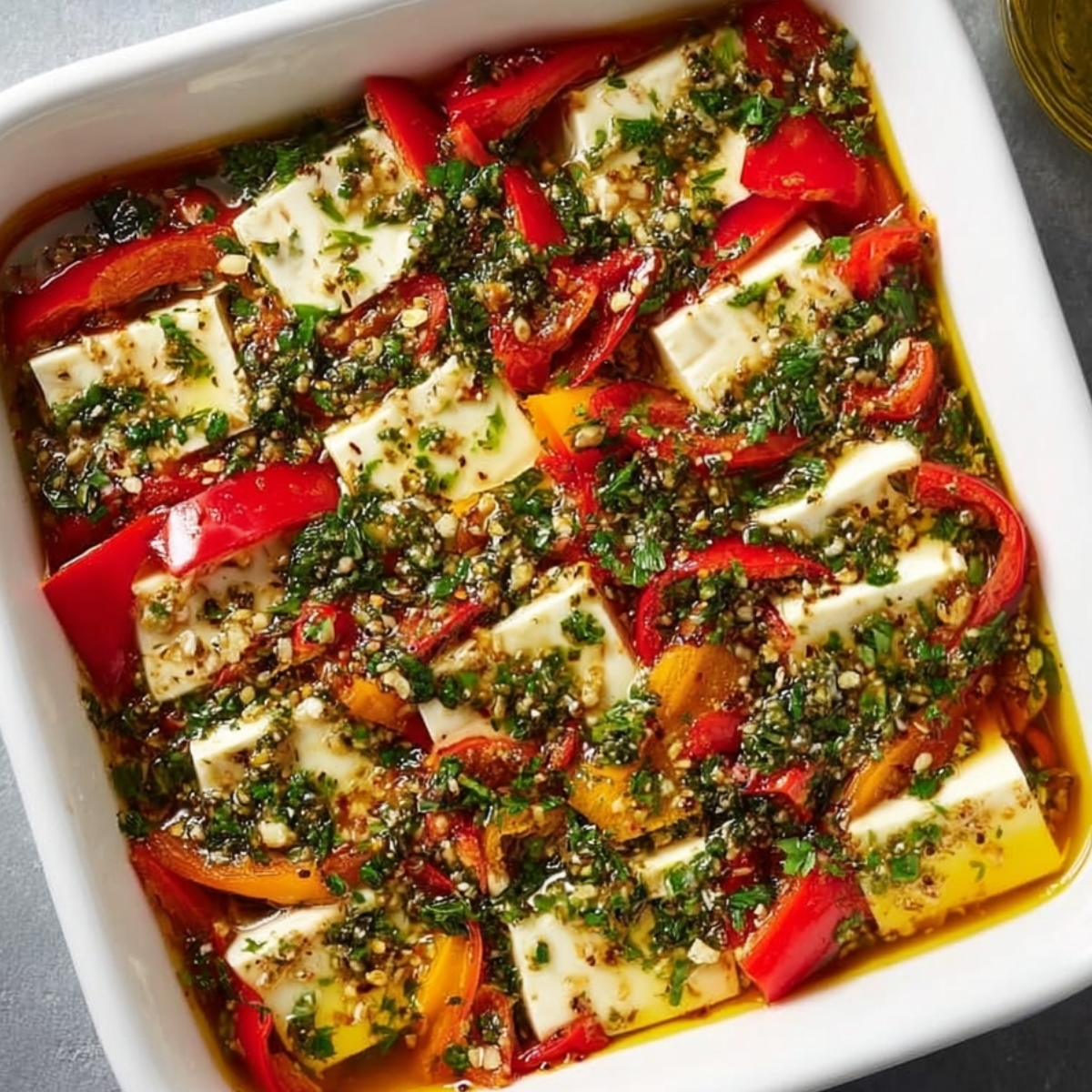 Easy Marinated Cheese Recipe 9 marinated cheese A close-up of the marinated cheese casserole dish, showcasing the layered cheese, red peppers, and a blend of fresh herbs soaked in olive oil and spices, ready for marination.