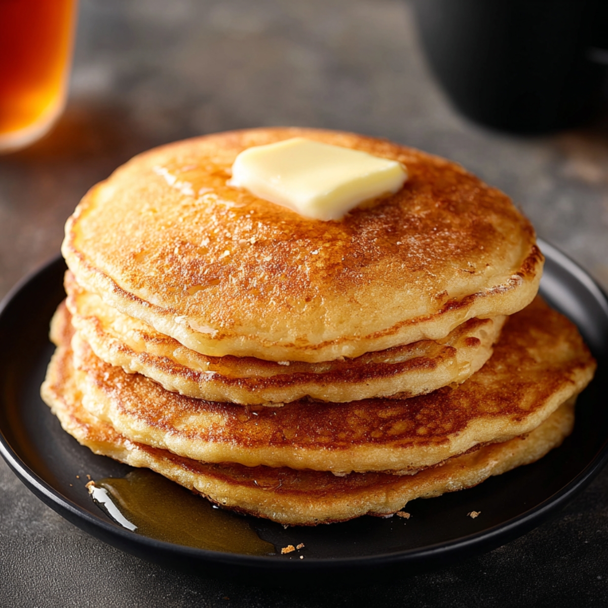 sweet potato pancakes A stack of golden-brown pancakes served on a black plate, with melted butter and syrup on the side. The pancakes have a fluffy and light texture, showcasing a perfect breakfast setup.