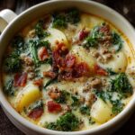 zuppa toscana soup A creamy bowl of Zuppa Toscana soup, featuring chunks of potatoes, crumbled sausage, kale, and crispy bacon, garnished with fresh parsley and black pepper.