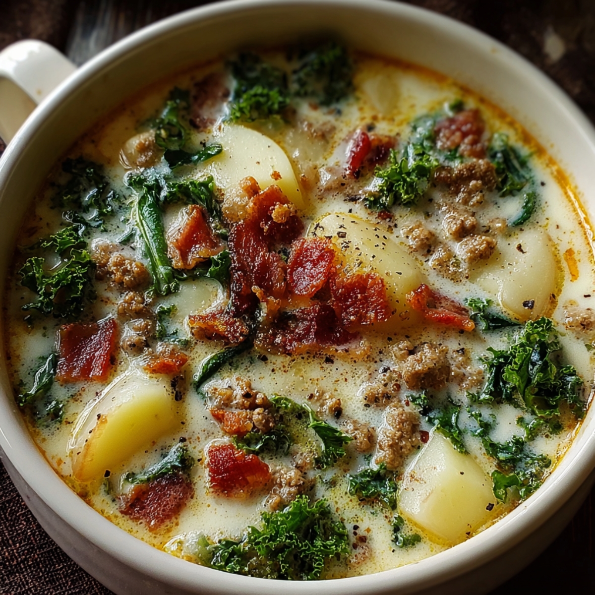 zuppa toscana soup A creamy bowl of Zuppa Toscana soup, featuring chunks of potatoes, crumbled sausage, kale, and crispy bacon, garnished with fresh parsley and black pepper.