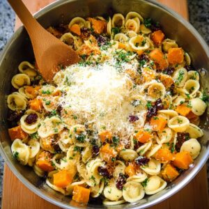 Delicious Butternut Squash Pasta Salad Recipe 16 A large metal pot of orecchiette pasta combined with roasted butternut squash, dried cranberries, and parsley, topped with a pile of freshly grated Parmesan cheese and a wooden spoon inside.
