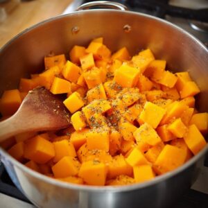 Delicious Butternut Squash Pasta Salad Recipe 14 Close-up of a stainless steel pot filled with diced butternut squash cubes seasoned with herbs and black pepper, with a wooden spoon resting inside on a stovetop.