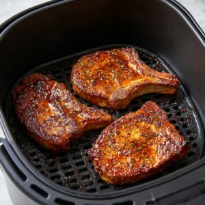 Pork chops cooking in the air fryer, showcasing a golden, crispy glaze.