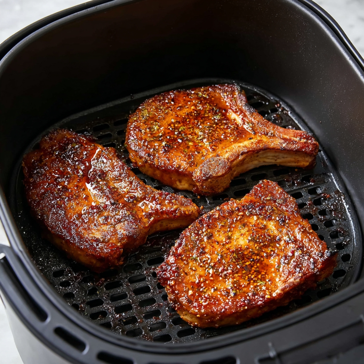 Delicious Air Fryer Pork Chops Recipe 12 Pork chops cooking in the air fryer, showcasing a golden, crispy glaze.
