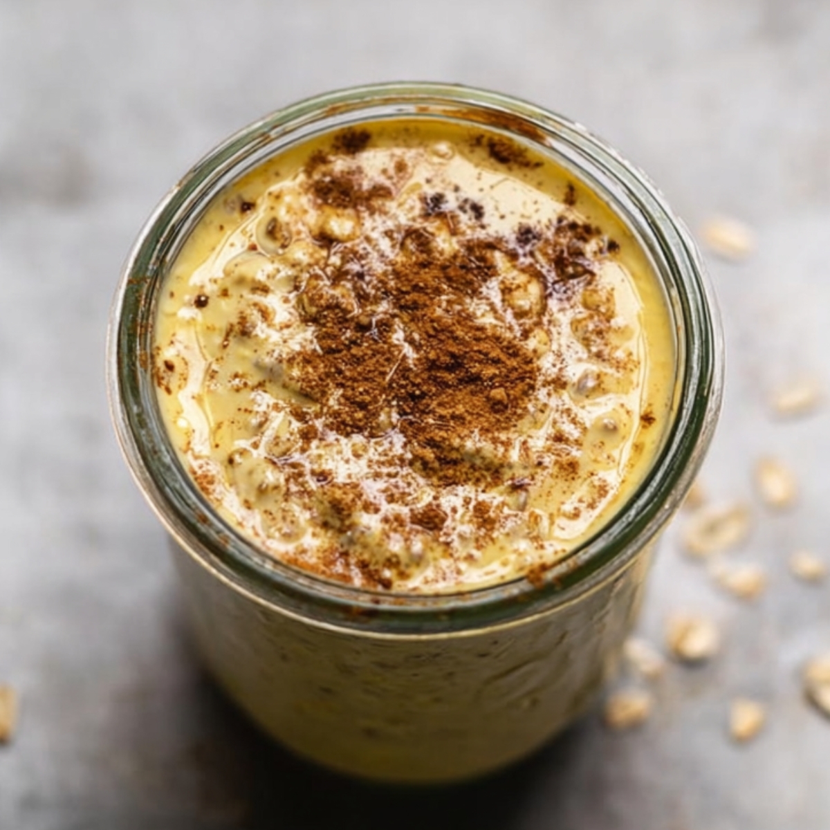 Best Golden Milk Overnight Oats Recipe 12 A jar filled with golden milk overnight oats, topped with a sprinkle of cinnamon and oats soaking in creamy milk.