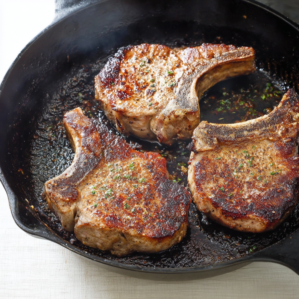 Easy Smothered Pork Chops Recipe 11 Perfectly seared pork chops resting in a hot skillet, caramelized to a beautiful brown on both sides, ready to be smothered with creamy gravy