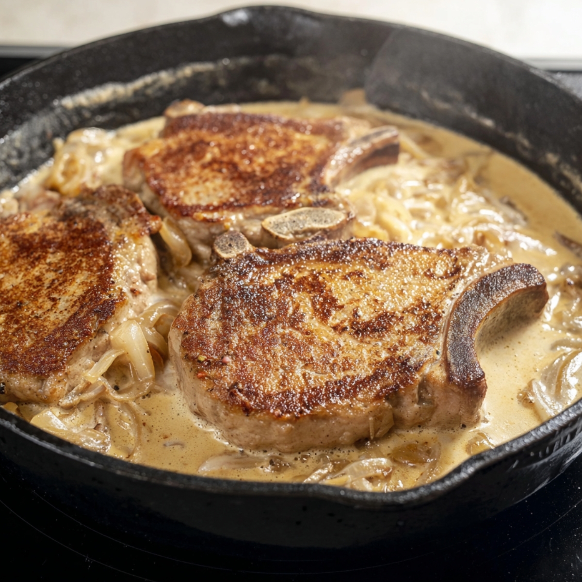 Easy Smothered Pork Chops Recipe 13 Sizzling, golden-brown pork chops cooking in a skillet with creamy gravy and tender onions, creating a rich, savory base for a comforting meal.