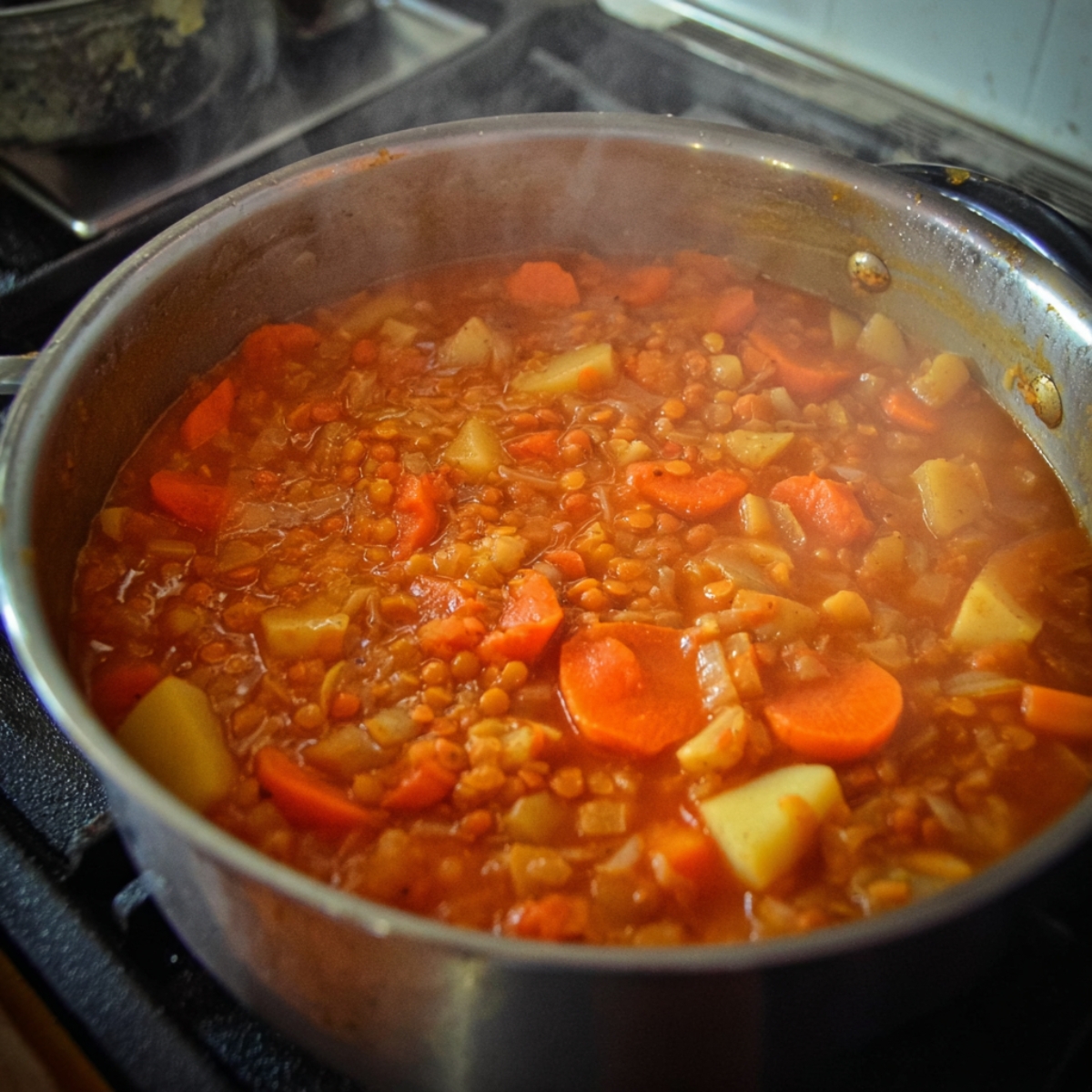 The Best Vegan Red Lentil Stew Recipe 13 A pot of simmering red lentil stew with visible carrots, potatoes, and lentils, cooking in a rich broth on the stove.