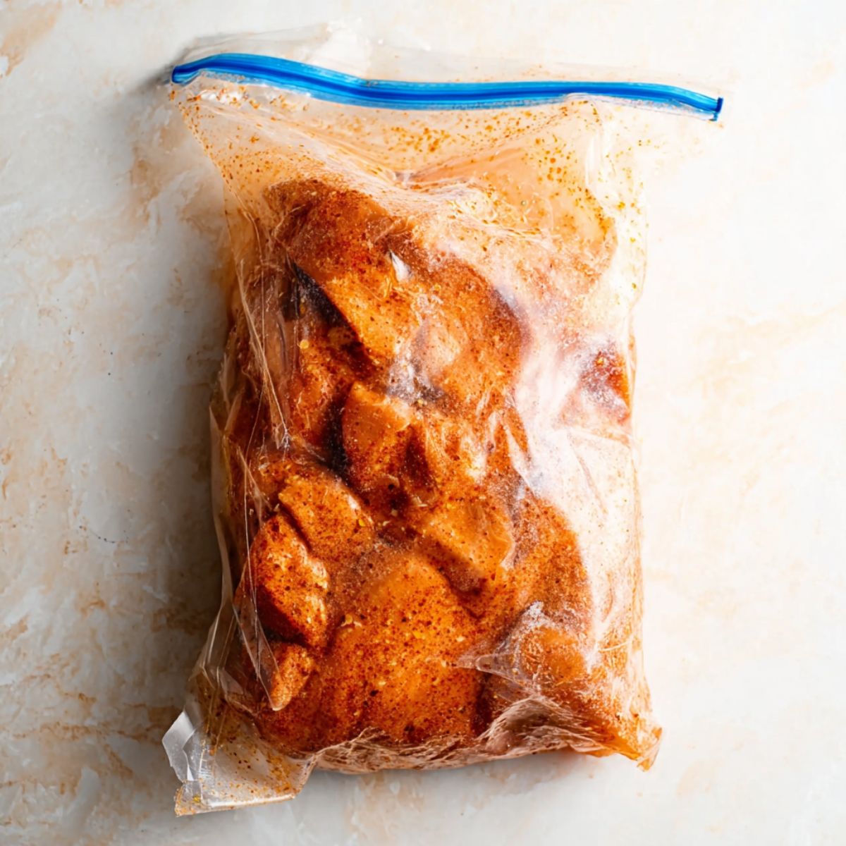 Best Achiote Chicken Recipe 11 A ziplock bag containing chicken pieces marinated in a deep orange achiote sauce, ready to be cooked.