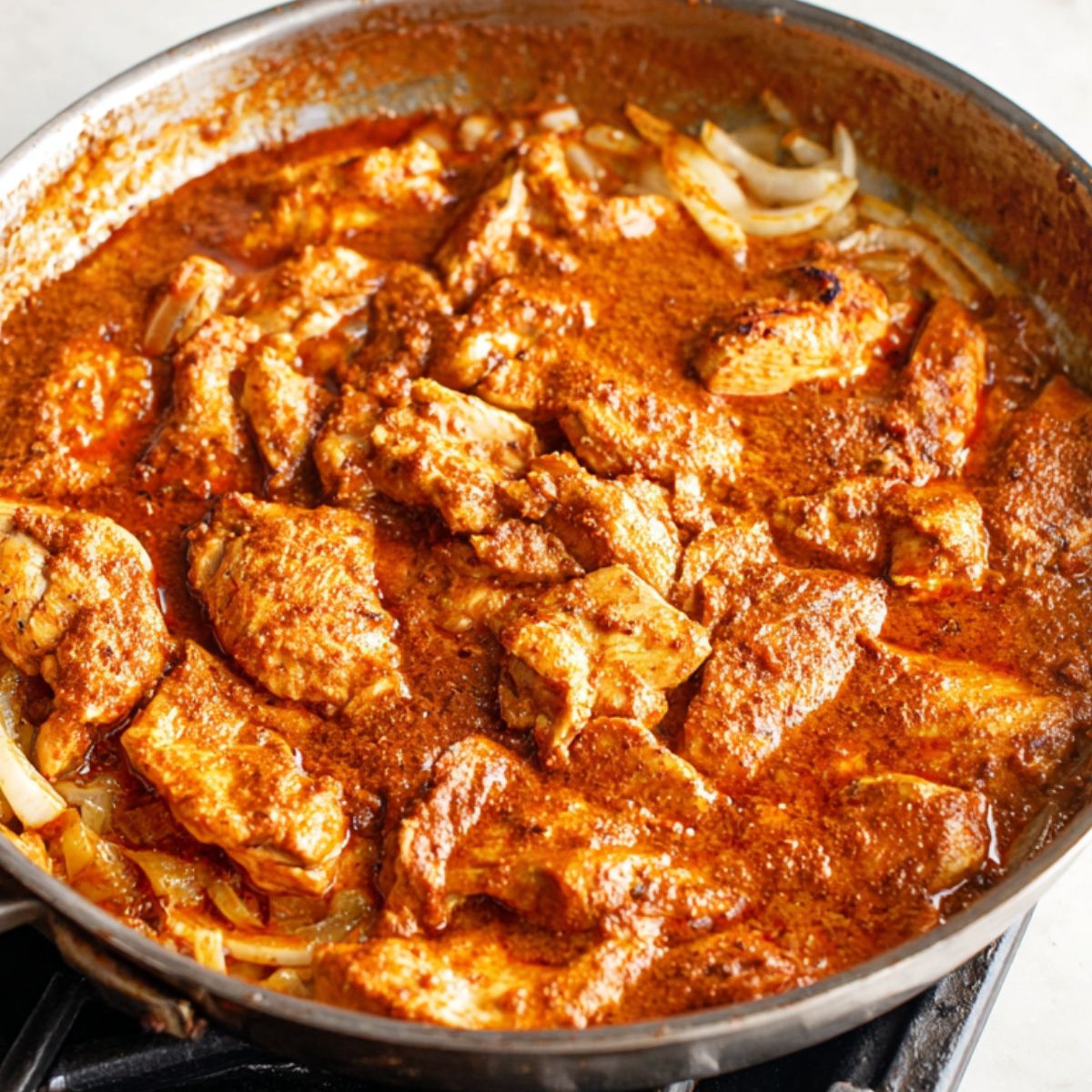 Best Achiote Chicken Recipe 12 A skillet filled with marinated chicken cooking in a rich, vibrant achiote sauce, with onions visible in the background.