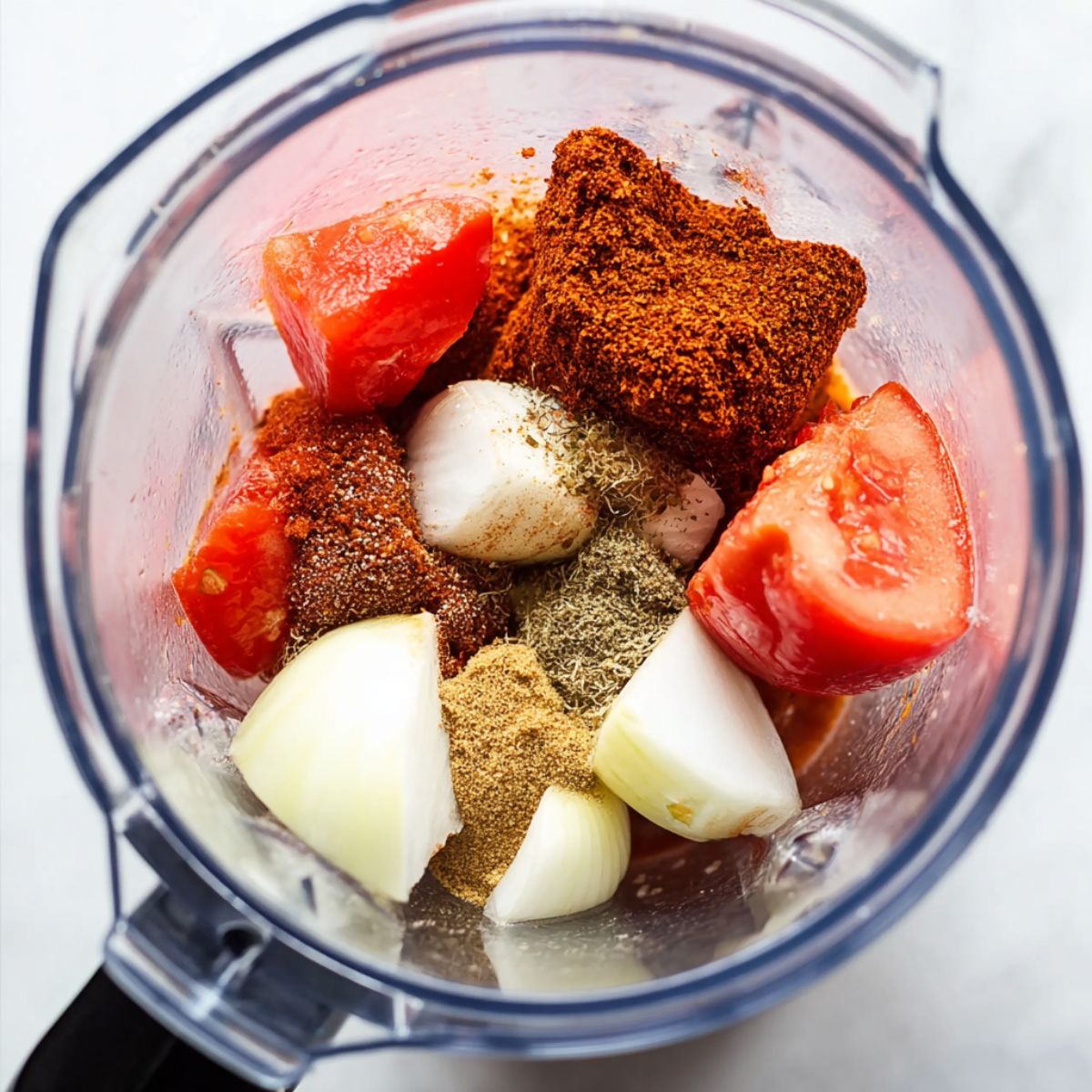 Best Achiote Chicken Recipe 10 A blender filled with the ingredients for an achiote sauce, including tomatoes, onions, and spices, waiting to be blended into a smooth paste.