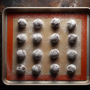 Delicious Andes Mint Chocolate Cookies Recipe 16 Nine round chocolate cookie dough balls coated in sugar, evenly spaced on a silicone baking mat inside a metal baking sheet, photographed from above on a dark surface.