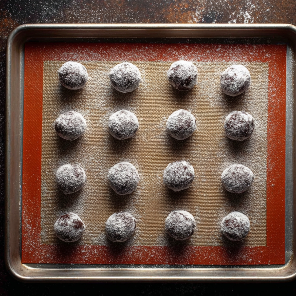 Delicious Andes Mint Chocolate Cookies Recipe 11 Nine round chocolate cookie dough balls coated in sugar, evenly spaced on a silicone baking mat inside a metal baking sheet, photographed from above on a dark surface.