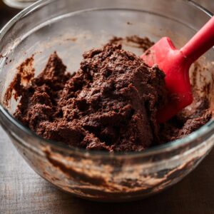 Delicious Andes Mint Chocolate Cookies Recipe 15 Thick chocolate cookie dough in a clear glass mixing bowl with a red silicone spatula pressing into the dense dough, close-up view.