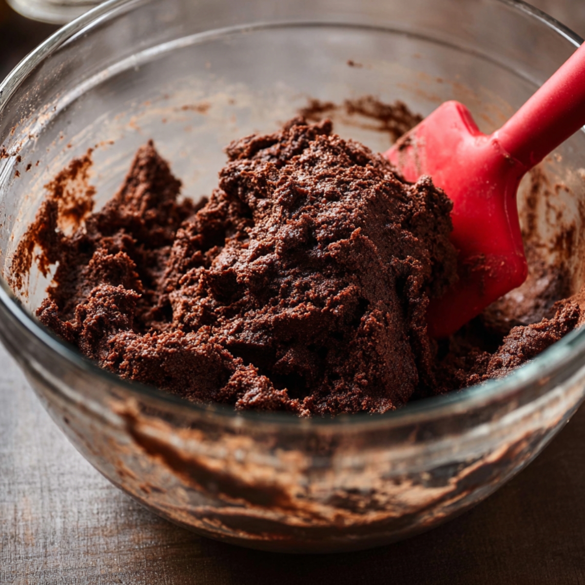 Delicious Andes Mint Chocolate Cookies Recipe 10 Thick chocolate cookie dough in a clear glass mixing bowl with a red silicone spatula pressing into the dense dough, close-up view.