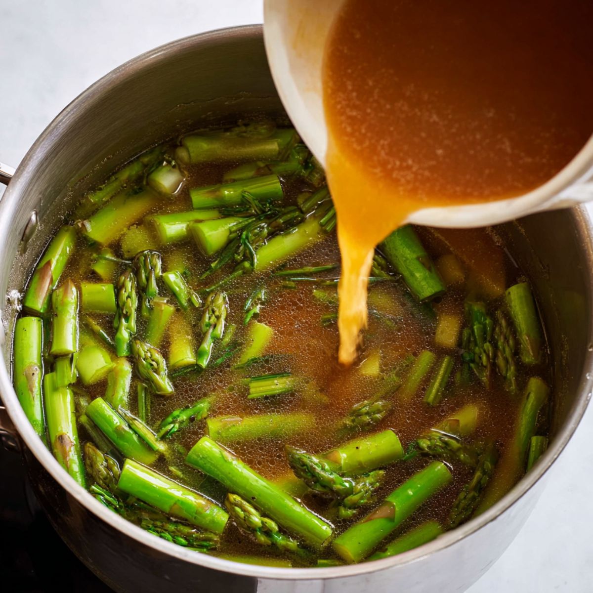 The Best Asparagus Soup Recipe 11 "A pot of sautéed asparagus being combined with a rich broth, ready to simmer and infuse all the flavors into a comforting asparagus soup.