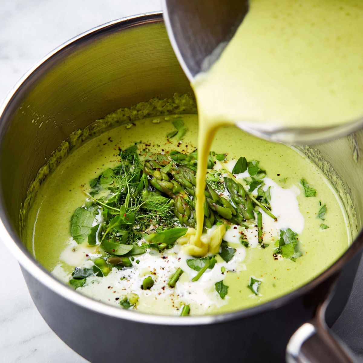 The Best Asparagus Soup Recipe 12 "A pot of fresh, vibrant asparagus soup being poured into a bowl, topped with garnishes such as fresh herbs and a touch of cream, ready to be served as a delicious and healthy dish.
