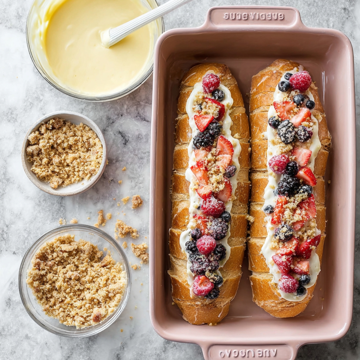 Easy Berry Stuffed French Toast Recipe 11 Top-down view of two sliced French bread loaves stuffed with cream cheese and fresh berries in a pink baking pan, custard mixture in a bowl nearby, crumb topping in a small bowl, bright natural kitchen lighting, marble surface, clean food styling, high detail, realistic food photography