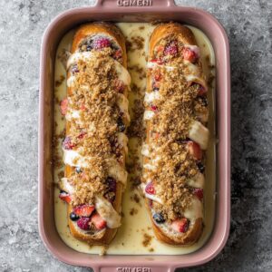 Easy Berry Stuffed French Toast Recipe 16 Overhead food photography of two stuffed French bread loaves in a pink baking dish, sliced crosswise and filled with cream cheese and mixed berries (strawberries, raspberries, blueberries), topped with brown sugar crumble, soaked in custard, natural soft lighting, marble countertop background, high resolution, detailed texture, food magazine style