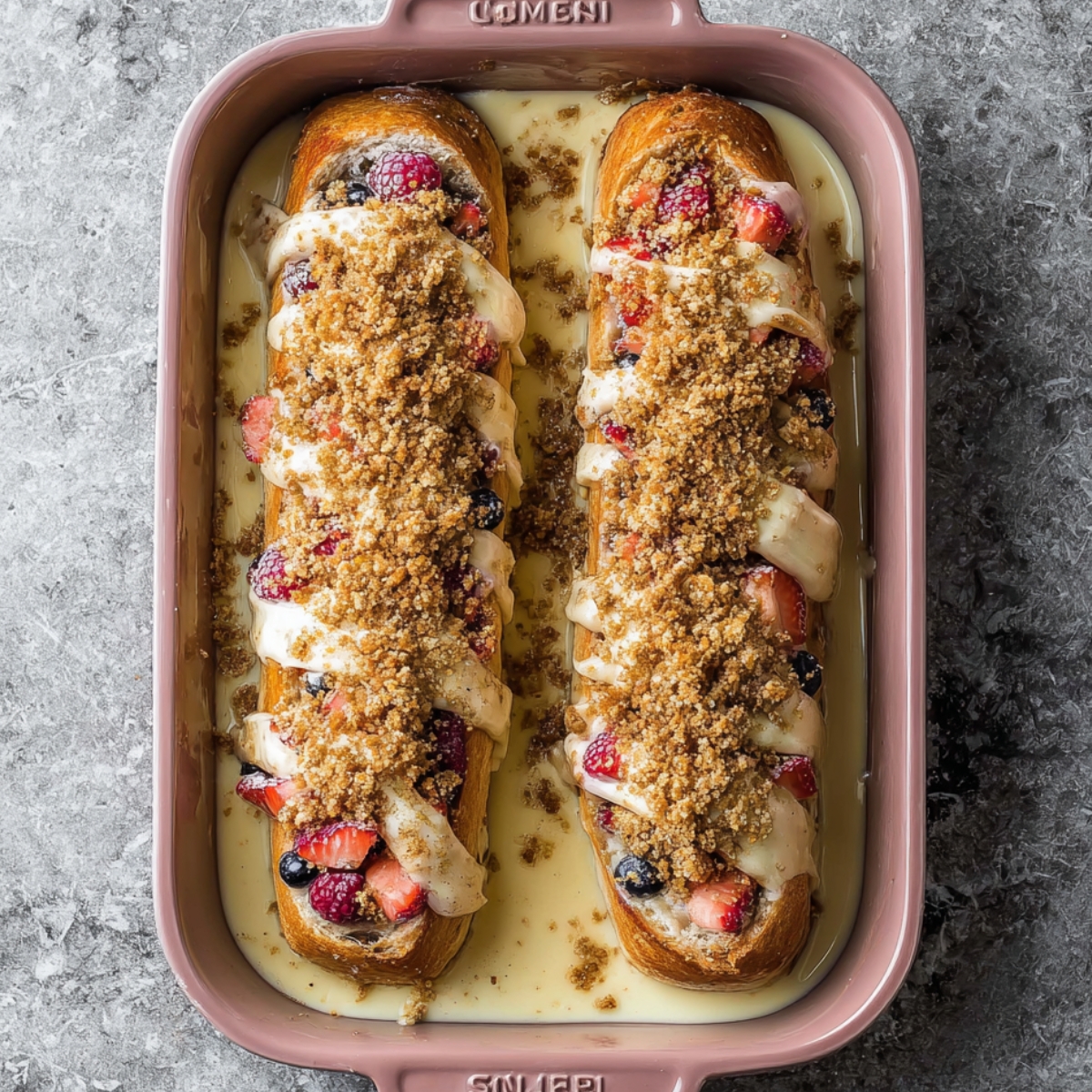 Easy Berry Stuffed French Toast Recipe 12 Overhead food photography of two stuffed French bread loaves in a pink baking dish, sliced crosswise and filled with cream cheese and mixed berries (strawberries, raspberries, blueberries), topped with brown sugar crumble, soaked in custard, natural soft lighting, marble countertop background, high resolution, detailed texture, food magazine style