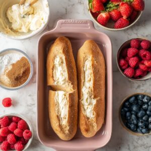 Easy Berry Stuffed French Toast Recipe 14 Flat lay food photography of French bread loaves in a pink baking dish surrounded by ingredients: bowl of cream cheese mixture, sliced strawberries, fresh raspberries, blueberries, brown sugar and cinnamon mixture, marble countertop, soft daylight, clean composition, high resolution, cooking blog style