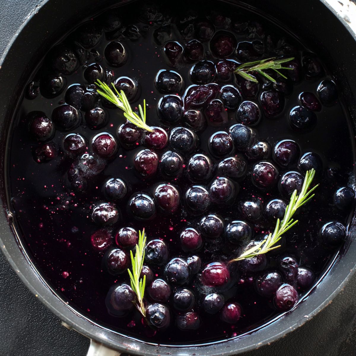 Healthy Blueberry Pop Tarts Recipe 10 Top-down food photography of a black saucepan filled with dark blueberry compote, whole blueberries floating in deep purple syrup, small sprigs of fresh rosemary, glossy texture, natural soft daylight, high detail, moody tones, minimal background, realistic, 4k, professional food styling